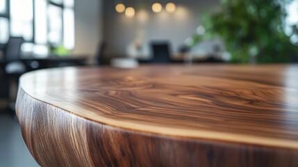 Fototapeta premium Close-up of a polished wooden table in a modern office setting.