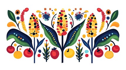 Vibrant Kwanzaa clipart with corn stalks and fruits arranged symmetrically, bold outlines with bright colors, flat illustration style, festive and cultural,