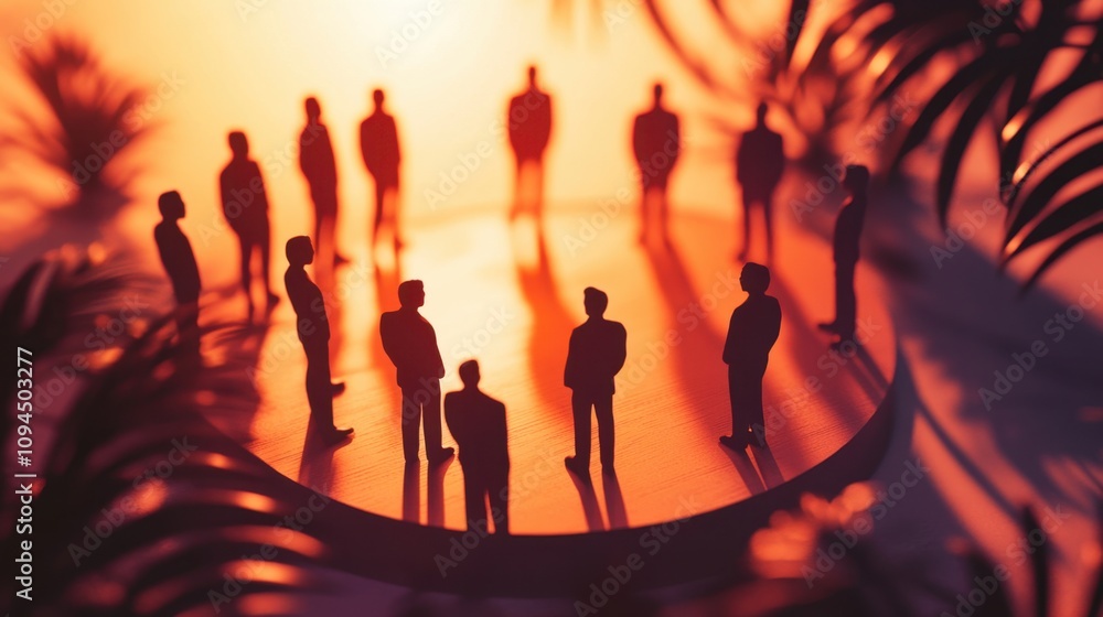 Poster a vibrant and dynamic meeting of abstract figures around a circular table in a bright, realistic off