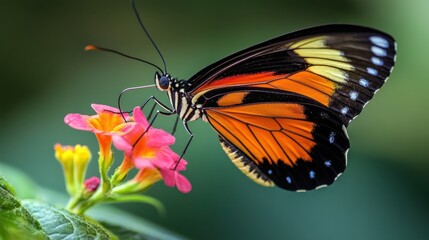 Obraz premium A close-up of a butterfly resting on a flower, with intricate details captured in wildlife photography.