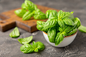Green basil leaves on a textured wooden background. Kitchen herbs, spices. Fresh green organic basil. Vegan. Greens for salad. Place for text. Copy space.