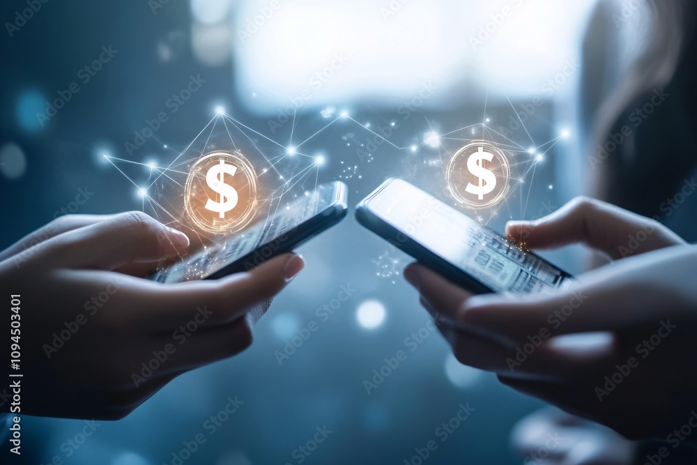 Aufkleber close-up view of hands making secure a dollar payment via mobile wallet banking, surrounded by digit