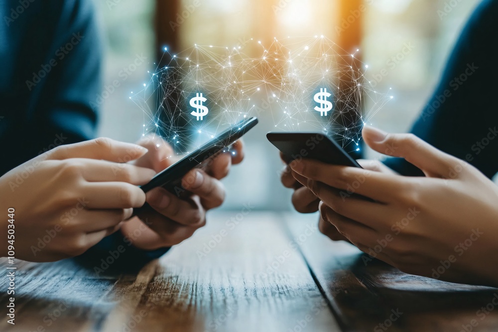 Poster a secure digital payment being made via smartphone, with dollar signs and tech-inspired icons floati