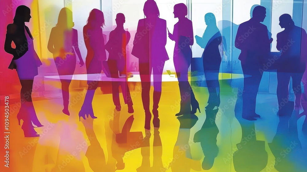 Poster a vibrant and lively office scene with abstract figures in radiant colors collaborating around a cir
