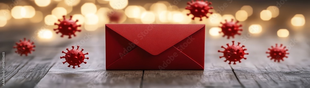 Poster red envelope with a red virus, visual metaphor for digital threats and online security risks in comm
