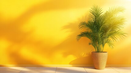 Obraz premium Vibrant yellow wall accentuated by a lush green potted plant, home decor delight