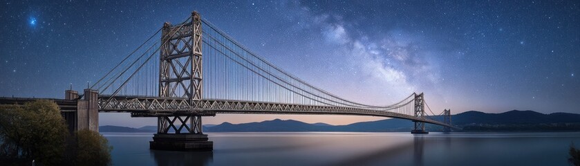 Fototapeta premium A stunning nighttime view of a bridge under a starry sky with a reflection on the water.