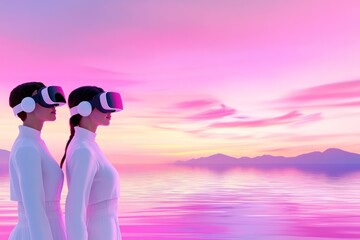 Twin figures embrace a virtual pink sunset ocean view.