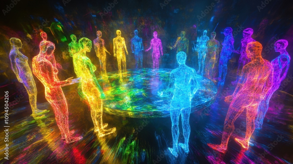 Poster a vibrant office setting with colorful abstract figures discussing ideas around a circular table, li