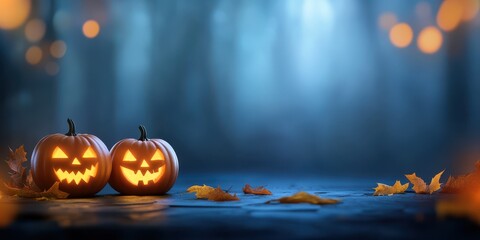 Halloween Jack o' lanterns Glowing in Dark Forest
