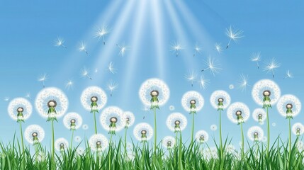 Obraz premium A serene landscape featuring dandelions under a bright blue sky with sunlight rays.