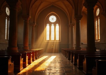 Obraz premium Sunlight streaming through stained glass windows in a serene church interior