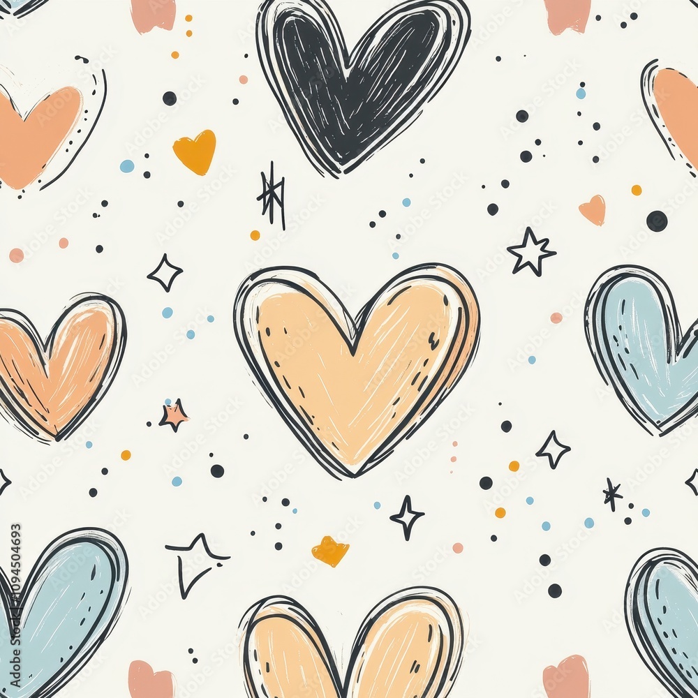 Poster a playful pattern featuring hearts and stars in various colors on a light background.