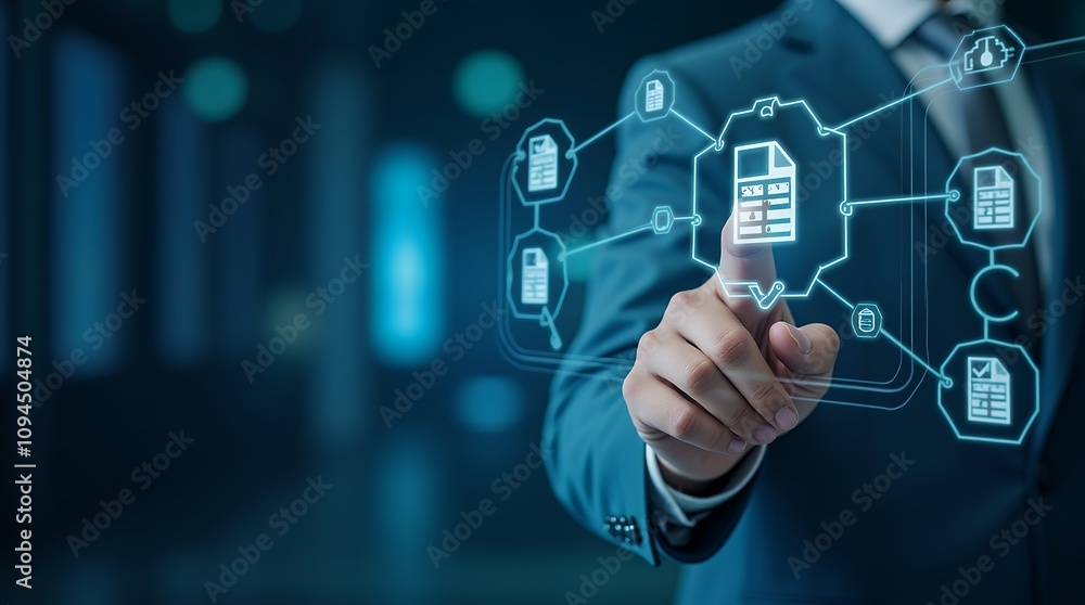 Poster Man Interacting with Digital Interface for Efficient File Management and Data Transfer Technologies in Modern Business Operations