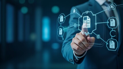 Man Interacting with Digital Interface for Efficient File Management and Data Transfer Technologies in Modern Business Operations