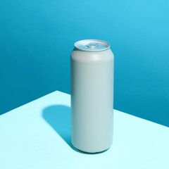 Mockup. Sleek gray aluminum can of beer, energy drink, soda on vibrant blue background. Perfect for...