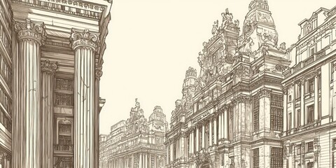 Obraz premium Detailed architectural illustration of grand buildings with columns and ornate designs.