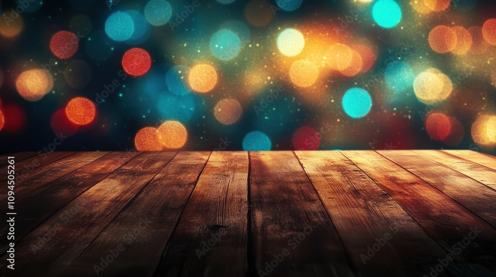 Poster a wooden table in front of a vibrant bokeh background with colorful lights.