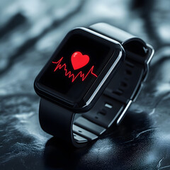 A sleek smartwatch displaying a heart rate monitor with a red heart symbol on a dark background, emphasizing health technology and fitness tracking.