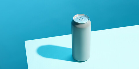 Gray aluminum beverage cans for soda, beer, energy drinks, against vibrant blue background, creating minimalist and modern composition. Mockup. Template for brand promoting drink ads