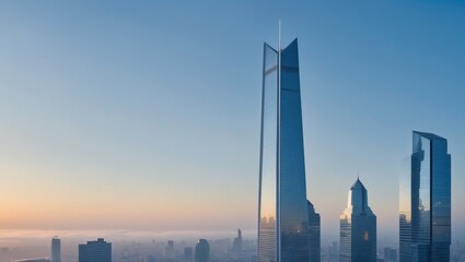 Modern skyscrapers rise towards the blue sky in a bustling urban landscape at sunrise.