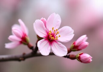 Cherry blossoms bloom in spring, showcasing delicate pink petals and lush green buds