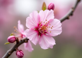 Obraz premium Cherry blossom flowers in full bloom showcasing delicate pink petals and budding puffs