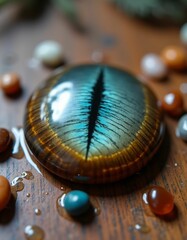 a real smooth flawless snake eye, colorful agate stones, water, wood, angry, hard, soft, soft, alive, love, pain, sadness