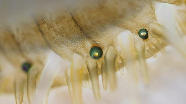 Young Mollusca Chlamys islandica, family Pectinidae under a microscope, order Pectinida. Visible mantle tentacles and eyes. White Sea
