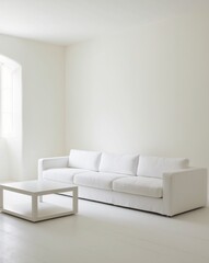 A white room with a white couch and a white coffee table.
