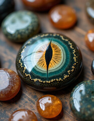 a real smooth flawless snake eye, colorful agate stones, water, wood, angry, hard, soft, soft, alive, love, pain, sadness