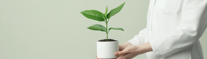 A person holding a small potted plant, symbolizing growth, care, and the beauty of nature in a minimalist setting.