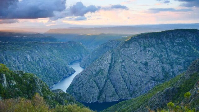 Sunset over river Sil Canyon in Parada de Sil in Galicia, Spain. View from Cabezoa lookout. Place to visit.
