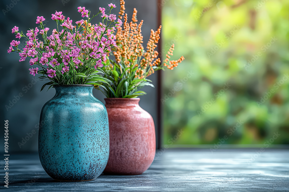 Poster two vases, one red and one blue, sit on a table in front of a window. the vases are filled with flow