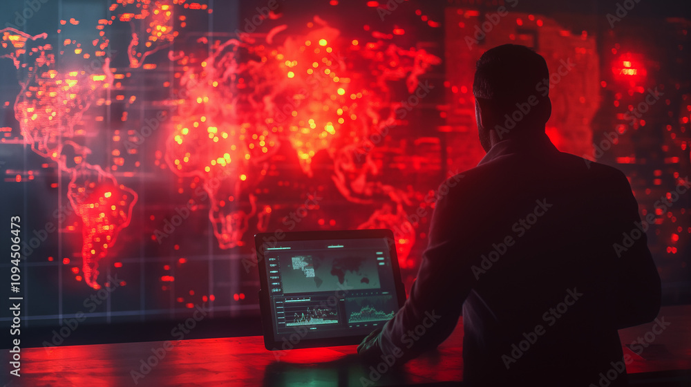 Poster a business executive interacting with a holographic ai assistant, analyzing a global map with real-t