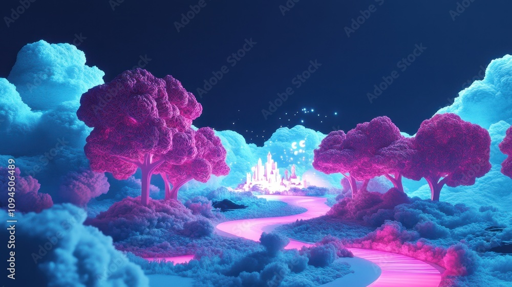 Poster a vibrant paper-cut world with glowing trees and a path leading to a shimmering castle in the clouds