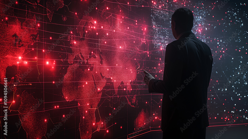 Poster a business executive interacting with a holographic ai assistant, analyzing a global map with real-t