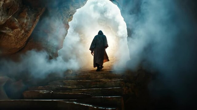 Jesus Christ risen emerging from tomb into heavenly light easter 4k video