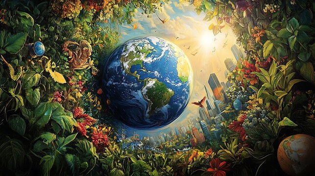 An Earth Day mural of Earth in 2025, featuring the planet surrounded by vibrant plant life, clean cities, and wildlife