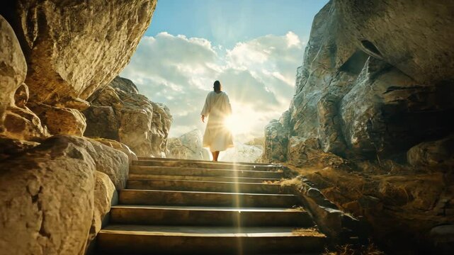 Jesus Christ risen emerging from tomb into heavenly light easter 4k video