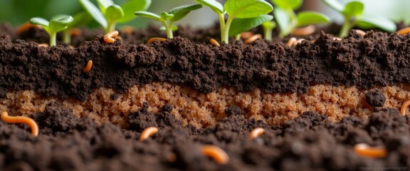 Fototapeta premium Rich Soil and Potting Mix Close-Up, Thriving Plant Growth Support, Nature's Nutrient-Rich Ecosystem, Ideal for Gardening and Horticulture