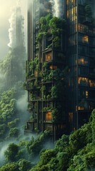 Obraz premium Futuristic skyscraper immersed in lush greenery, showcasing nature's harmony with urban architecture in a misty environment.
