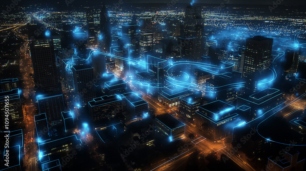 Poster a city skyline at night with augmented reality overlays highlighting secure network hubs and identif