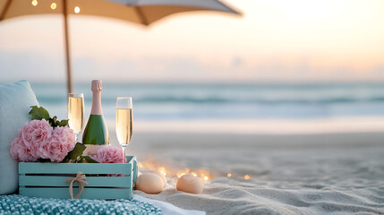 A beach picnic setup with pastel-colored blankets, vintage wine crates filled with sparkling champagne and pink flower, capturing the romantic ambiance of sunset on sandy shores. 