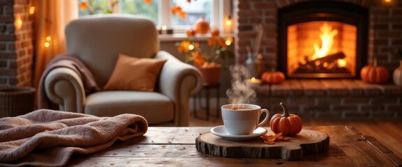 Serene fall self-care living room cozy autumn decor with pumpkin-spiced tea and blanket for relaxation