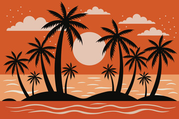 Tropical Island Sunset Scene with Palm Trees