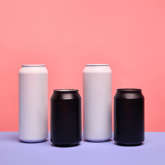 Four aluminum beverage cans, white and black, against pink background, creating minimalist and modern composition. Mockup for soda, beer, energy drinks. Ideal for bold, modern drinks branding.