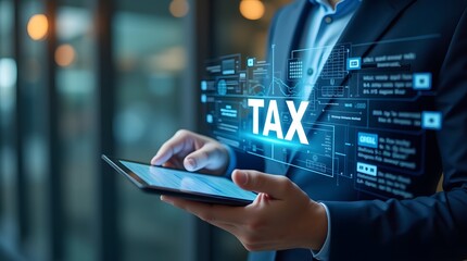 A businessman using a tablet to manage taxes and VAT concepts efficiently, showcasing the importance of technology in modern financial practices and tax compliance.
