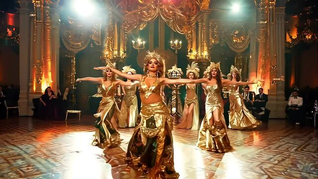 A group of women in gold dresses perform a show in a grand ballroom.