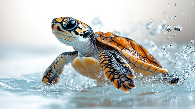 A small, orange and black turtle is splashing in water.